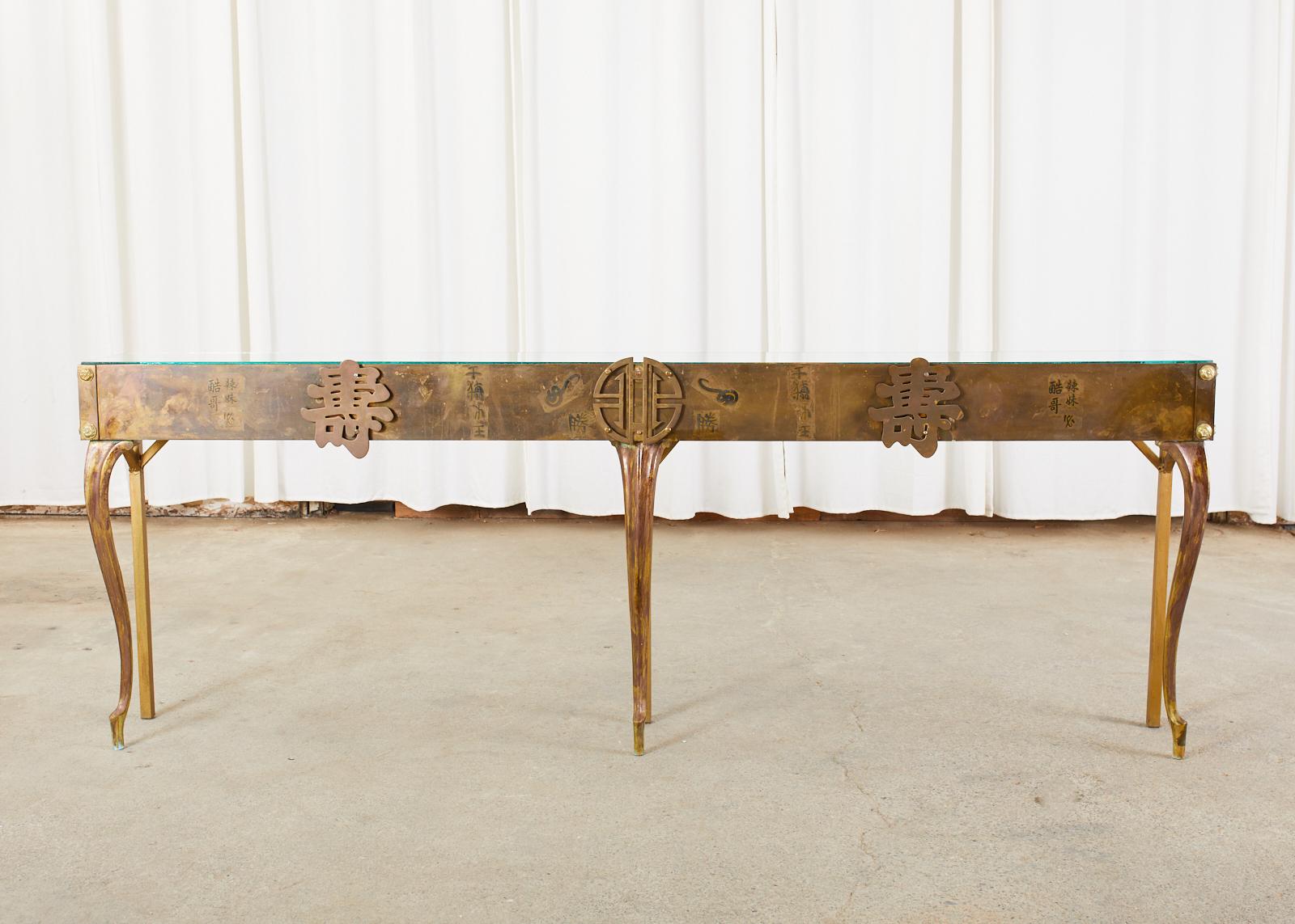 Hollywood Regency Patinated Brass Asian Motif Console Table 14
