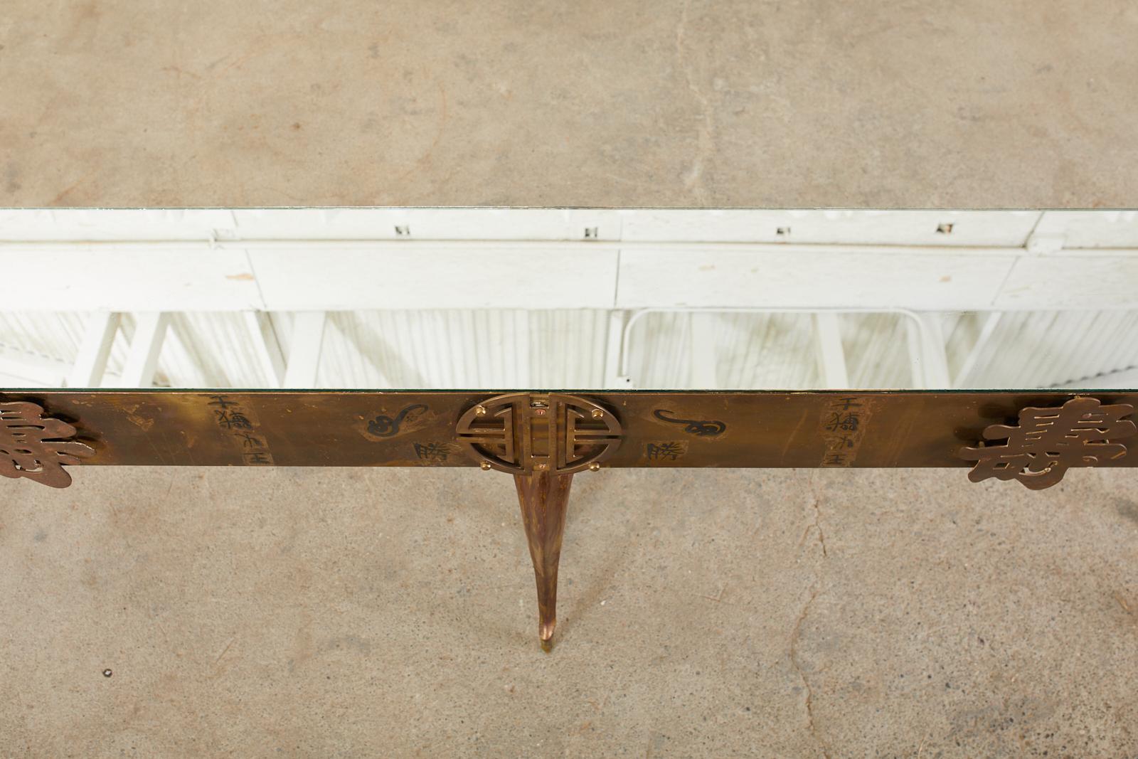 Hollywood Regency Patinated Brass Asian Motif Console Table In Distressed Condition In Rio Vista, CA