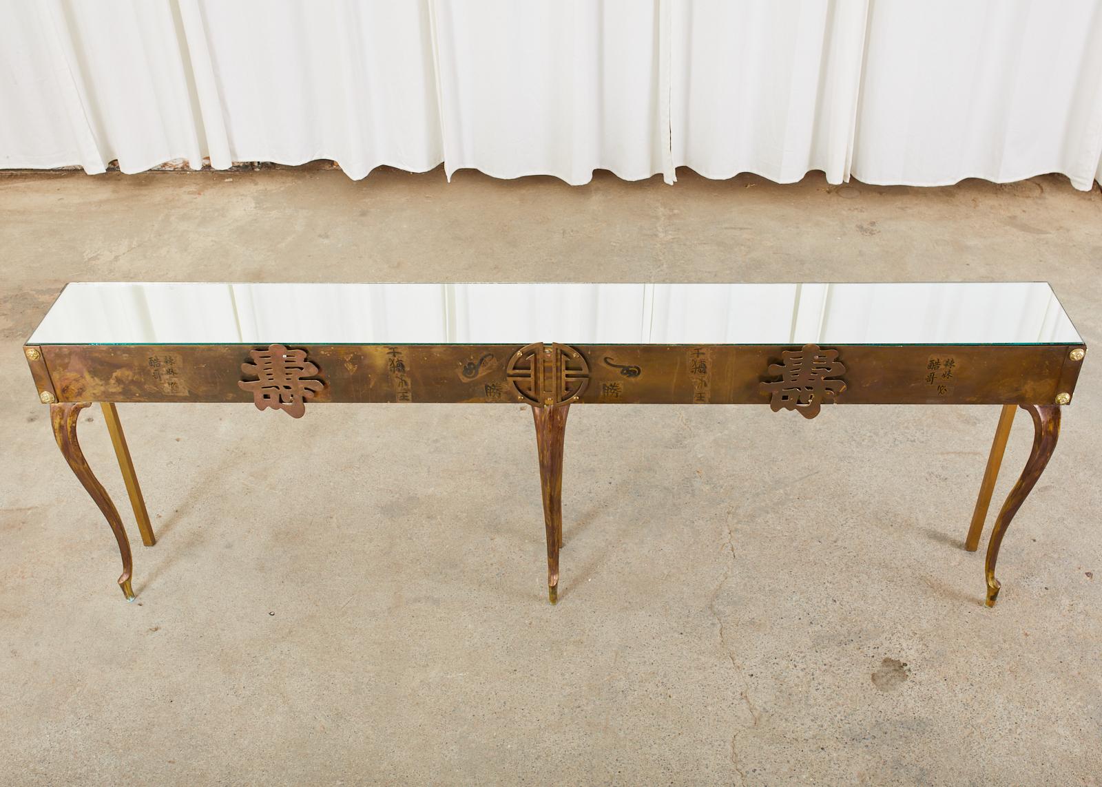 Hollywood Regency Patinated Brass Asian Motif Console Table 1
