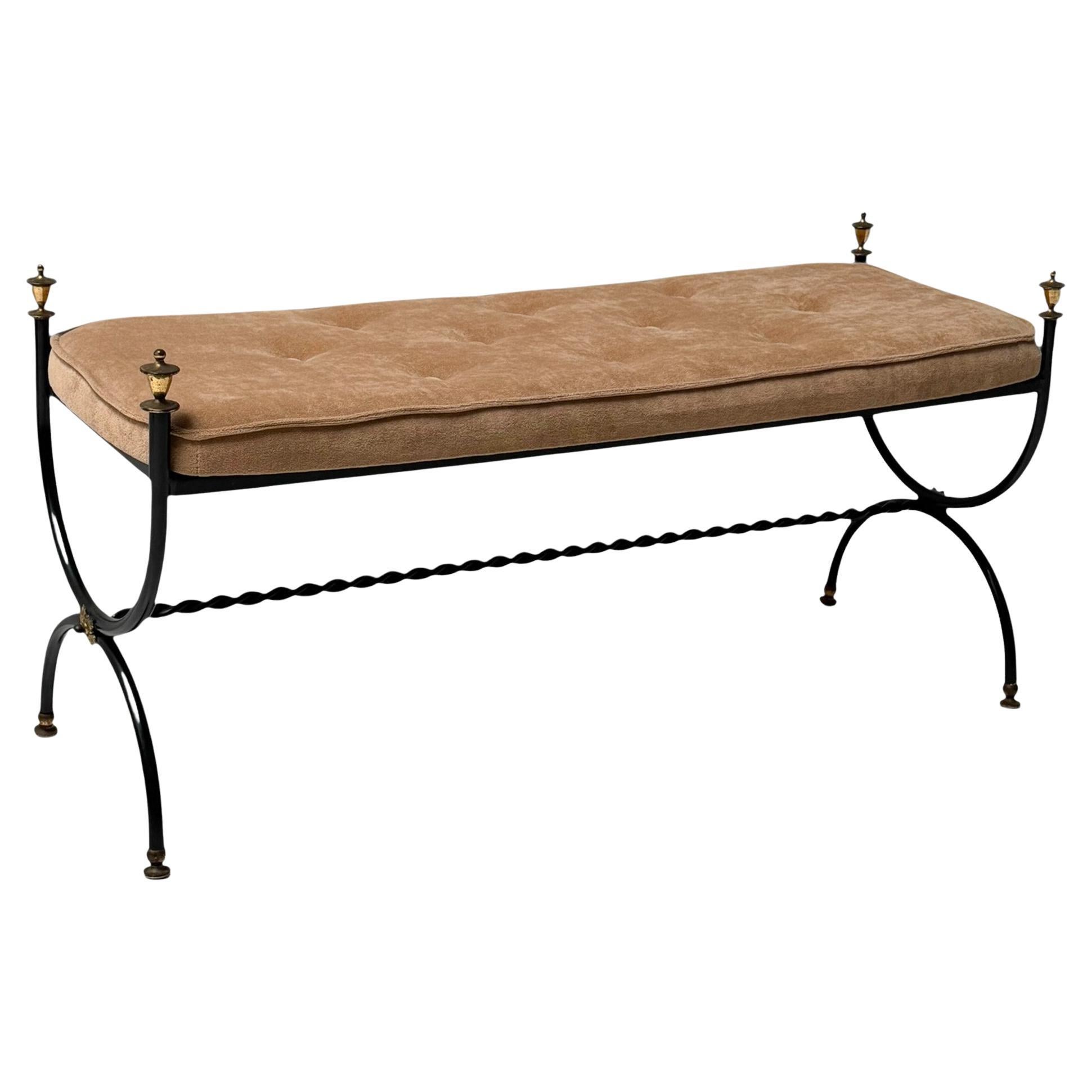 Hollywood Regency Patinated Iron and Brass Bedroom Bench, 1960s