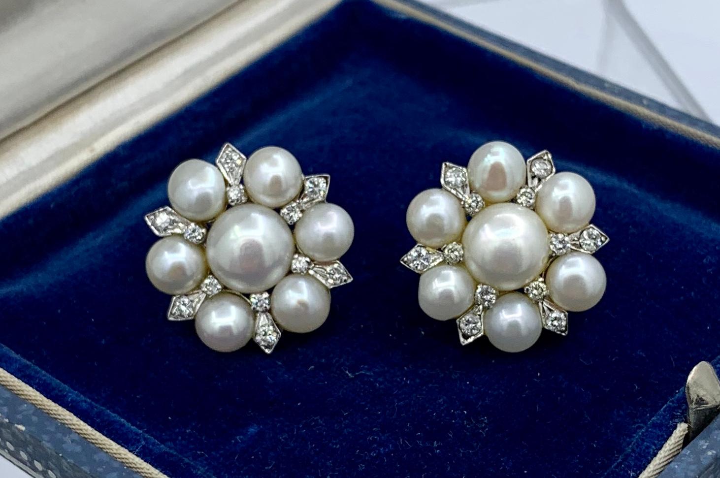 Hollywood Regency Pearl Diamond Earrings 14 Karat White Gold For Sale 1