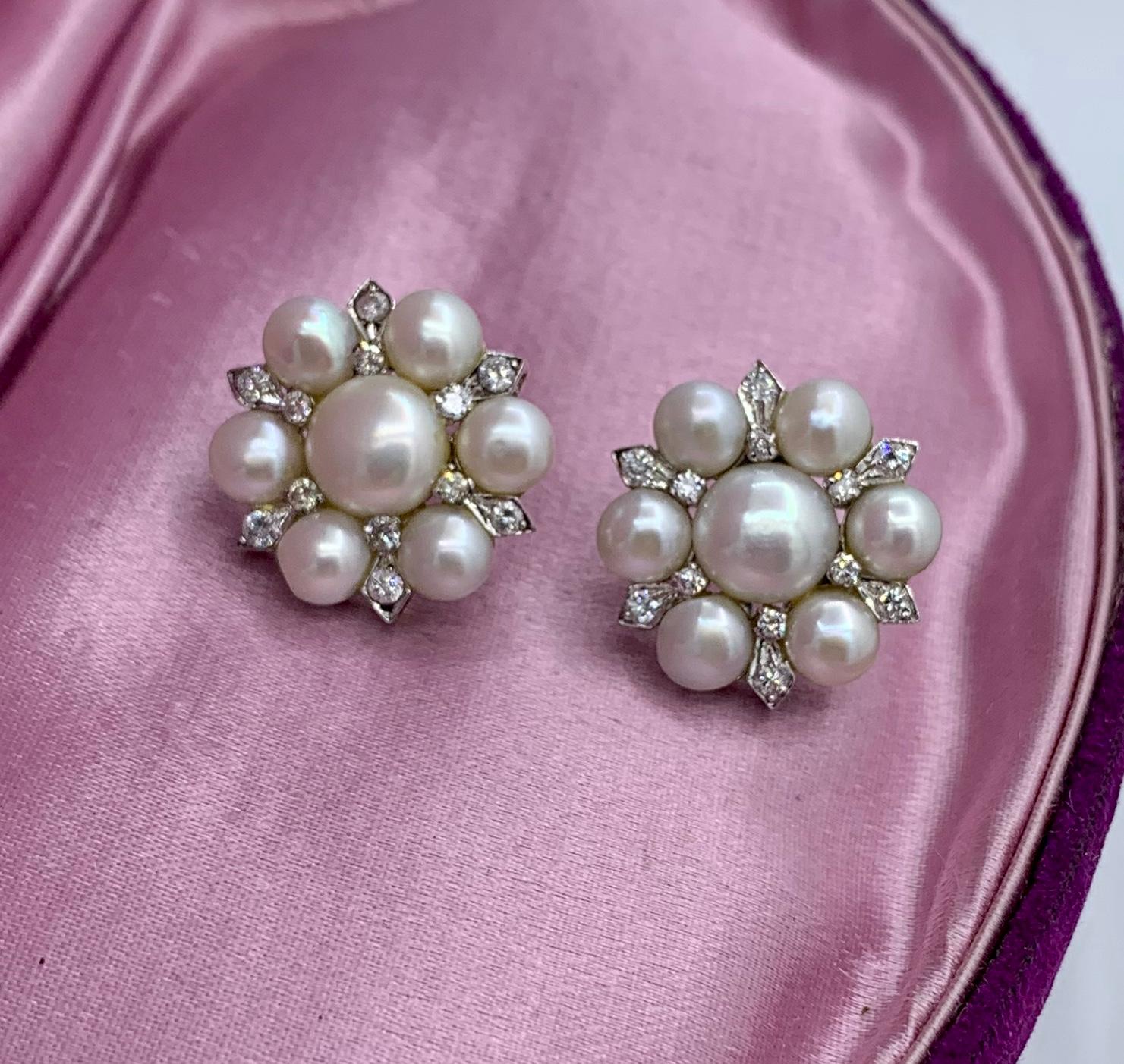 Retro Hollywood Regency Pearl Diamond Earrings 14 Karat White Gold For Sale
