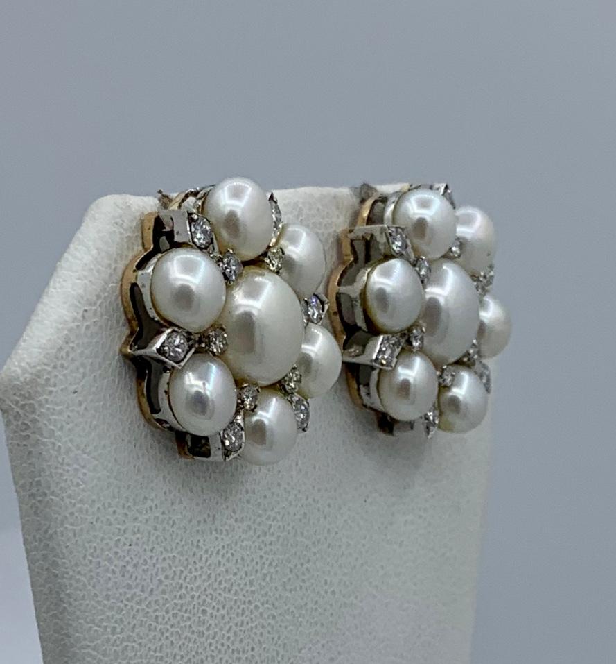 Round Cut Hollywood Regency Pearl Diamond Earrings 14 Karat White Gold For Sale