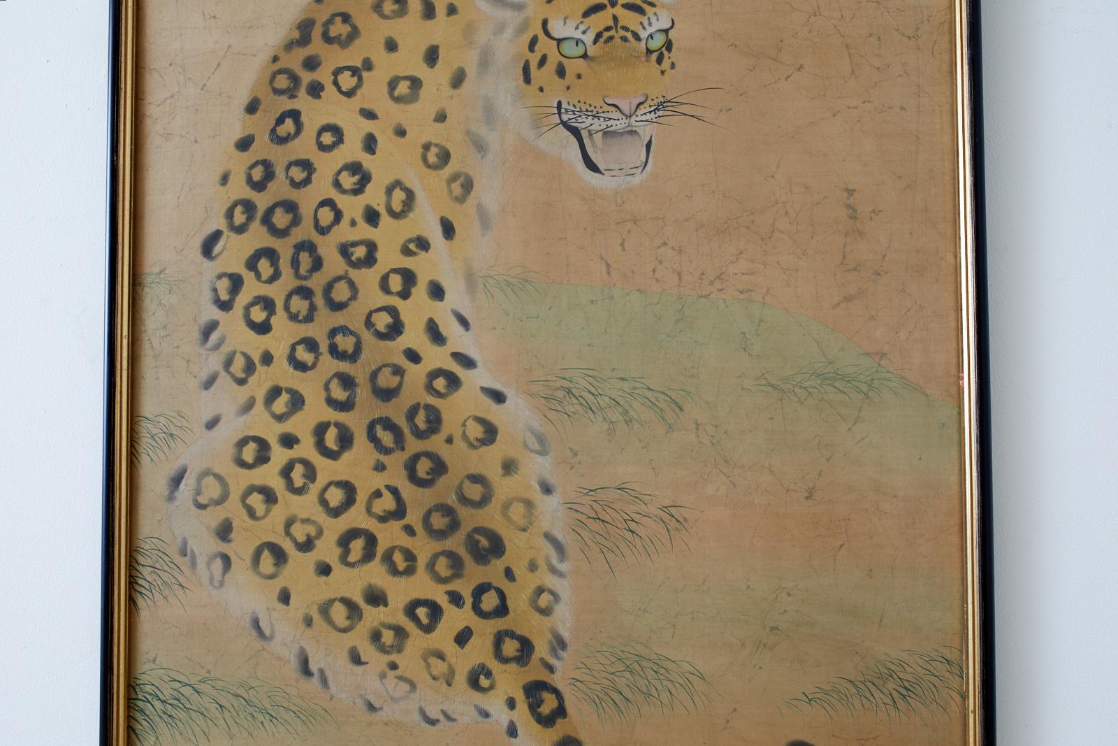 Hand-Crafted Hollywood Regency Period Japanese Leopard Painting from Bloomingdale's