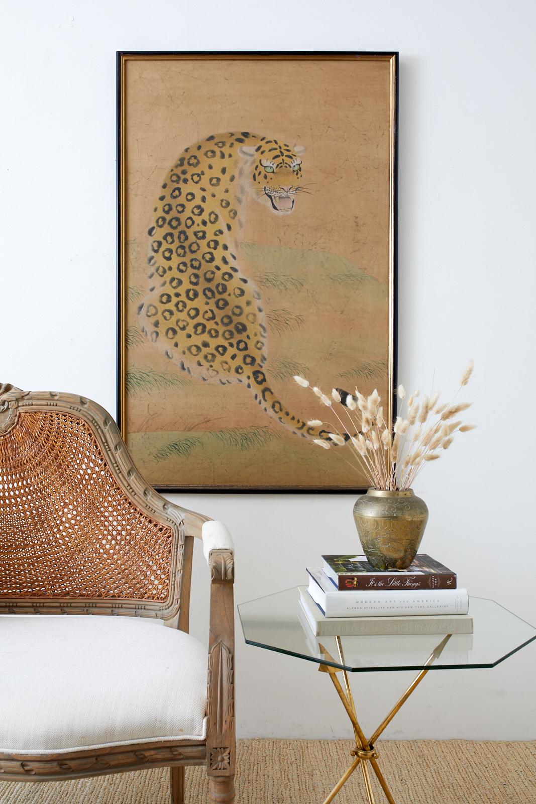 Hollywood Regency Period Japanese Leopard Painting from Bloomingdale's In Good Condition In Rio Vista, CA