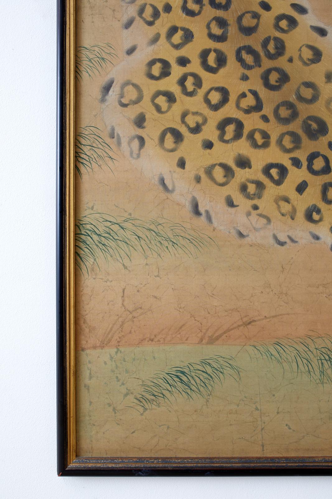 Wood Hollywood Regency Period Japanese Leopard Painting from Bloomingdale's