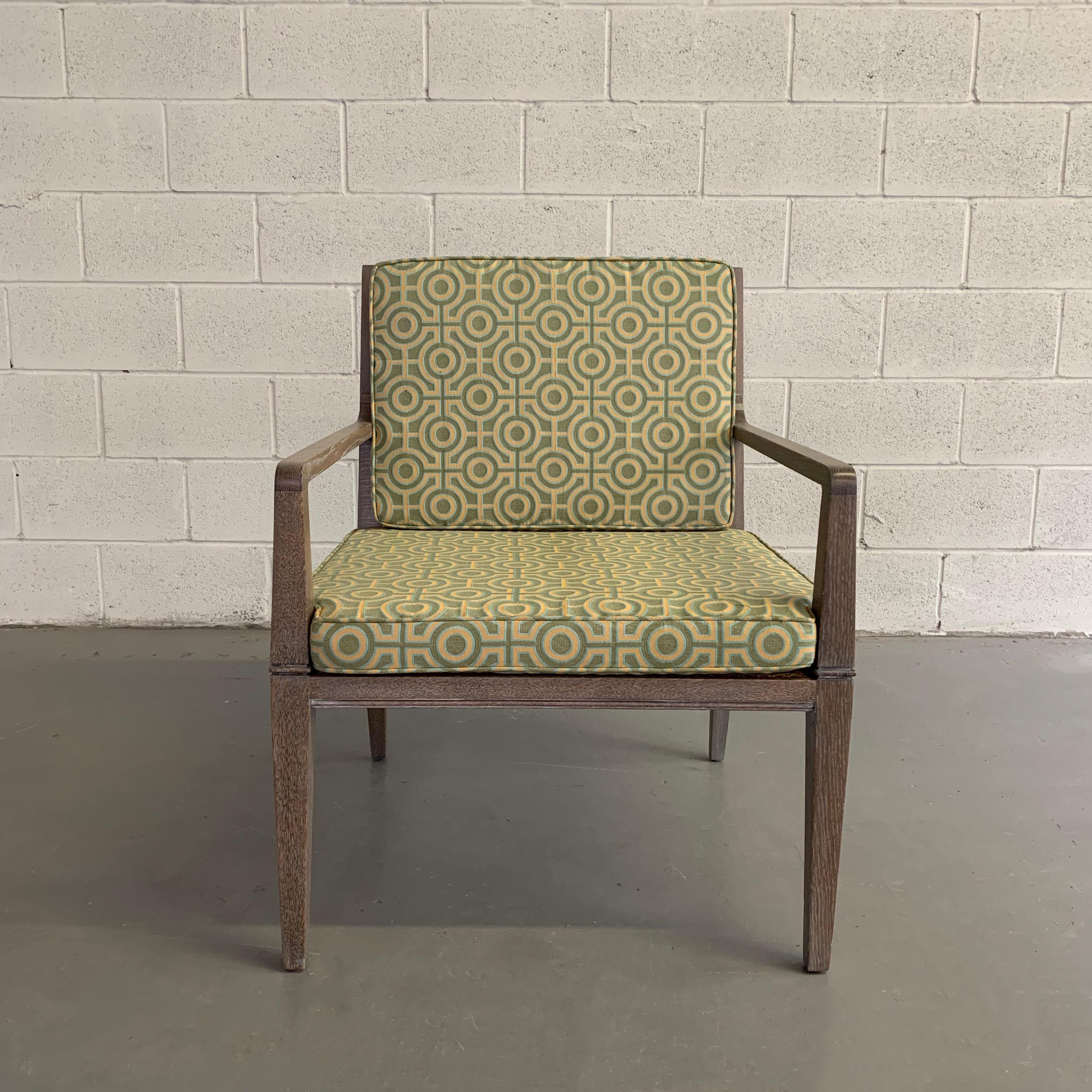 Hollywood Regency Pickled Oak Upholstered Armchair In Good Condition For Sale In Brooklyn, NY