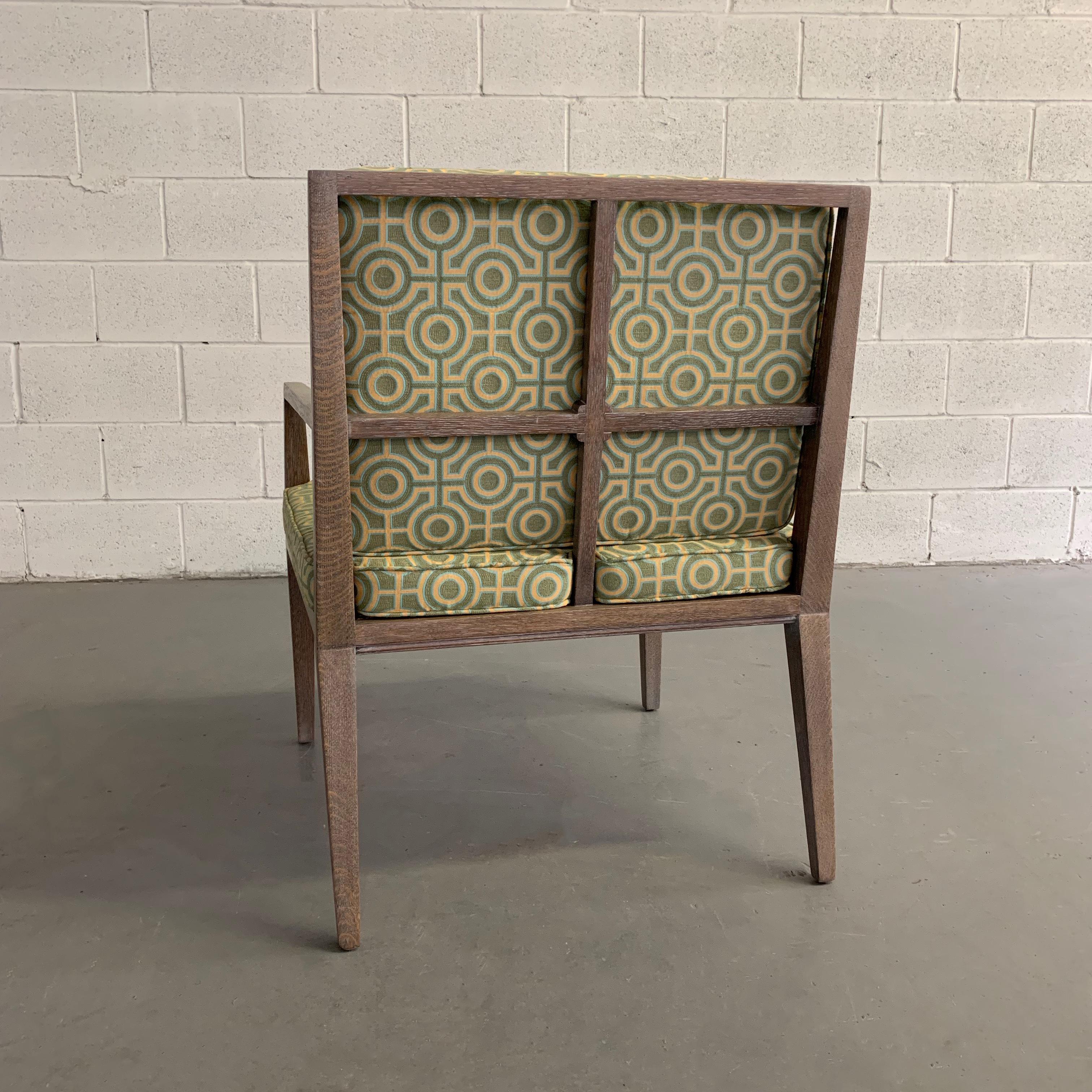 Fabric Hollywood Regency Pickled Oak Upholstered Armchair For Sale
