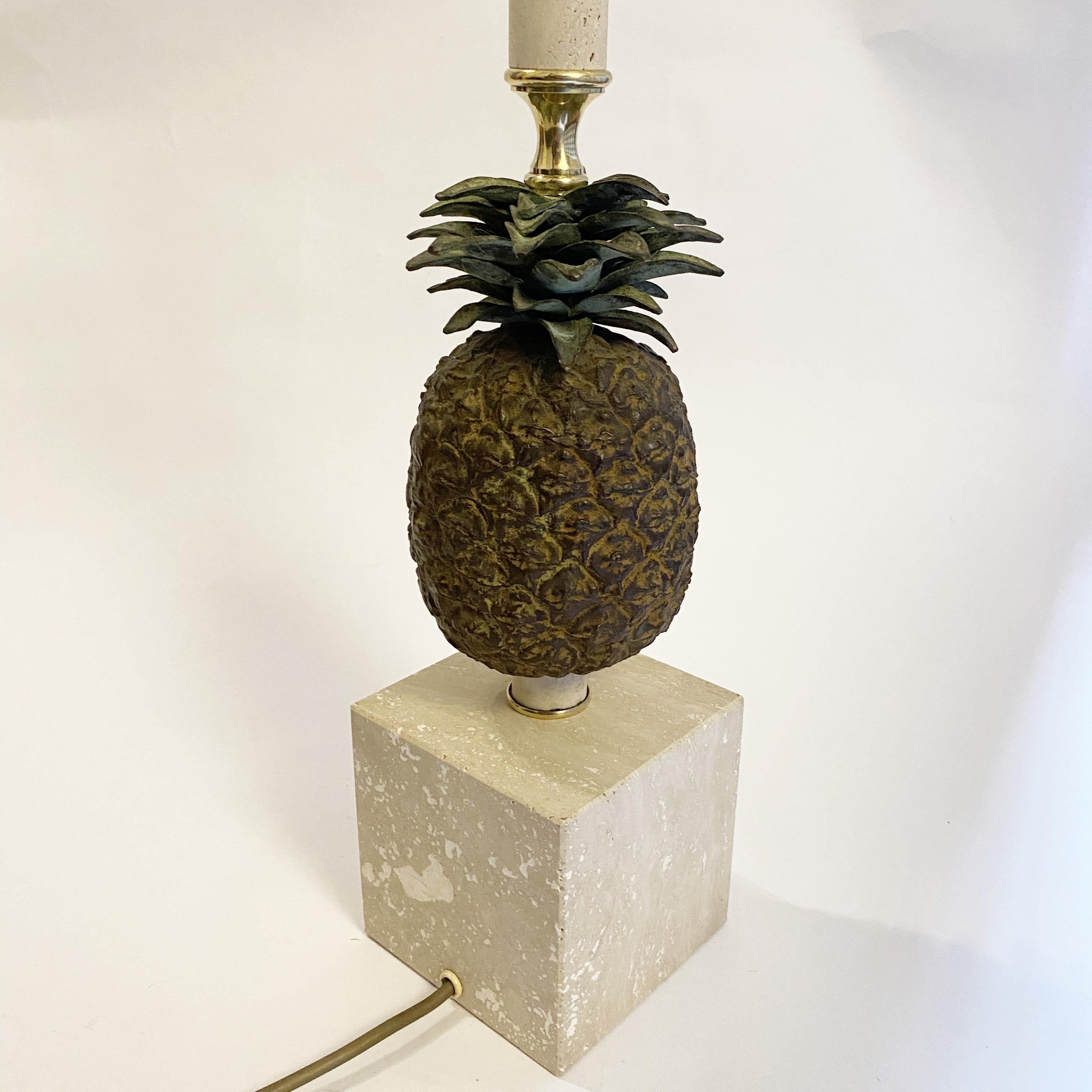 Hollywood Regency Pineapple Table Lamp in Patined Bronze and Travertine, 1970s For Sale 2