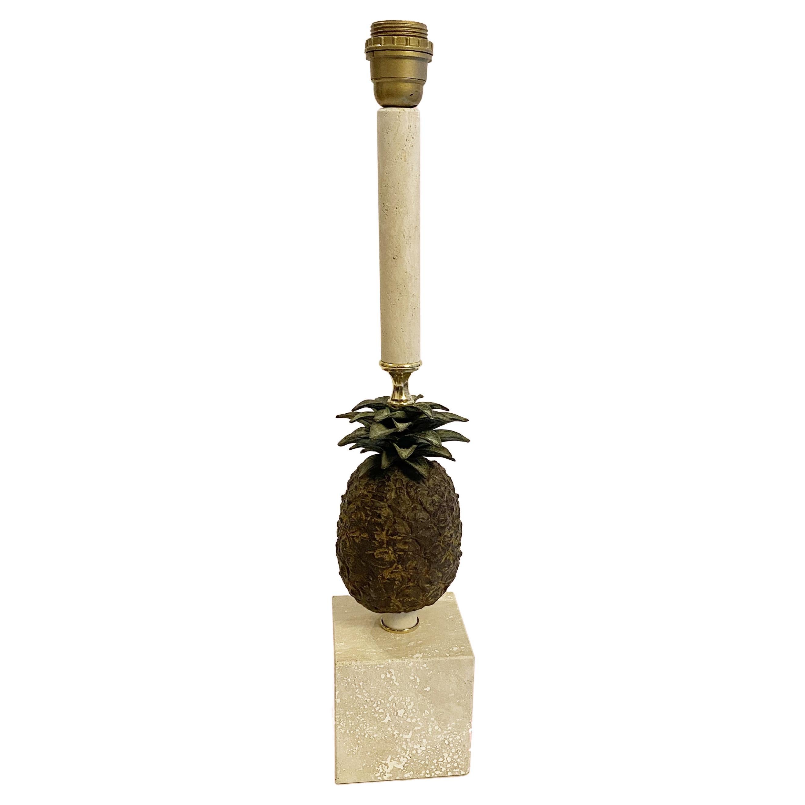 Hollywood Regency Pineapple Table Lamp in Patined Bronze and Travertine, 1970s For Sale