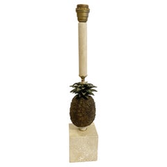 Retro Hollywood Regency Pineapple Table Lamp in Patined Bronze and Travertine, 1970s