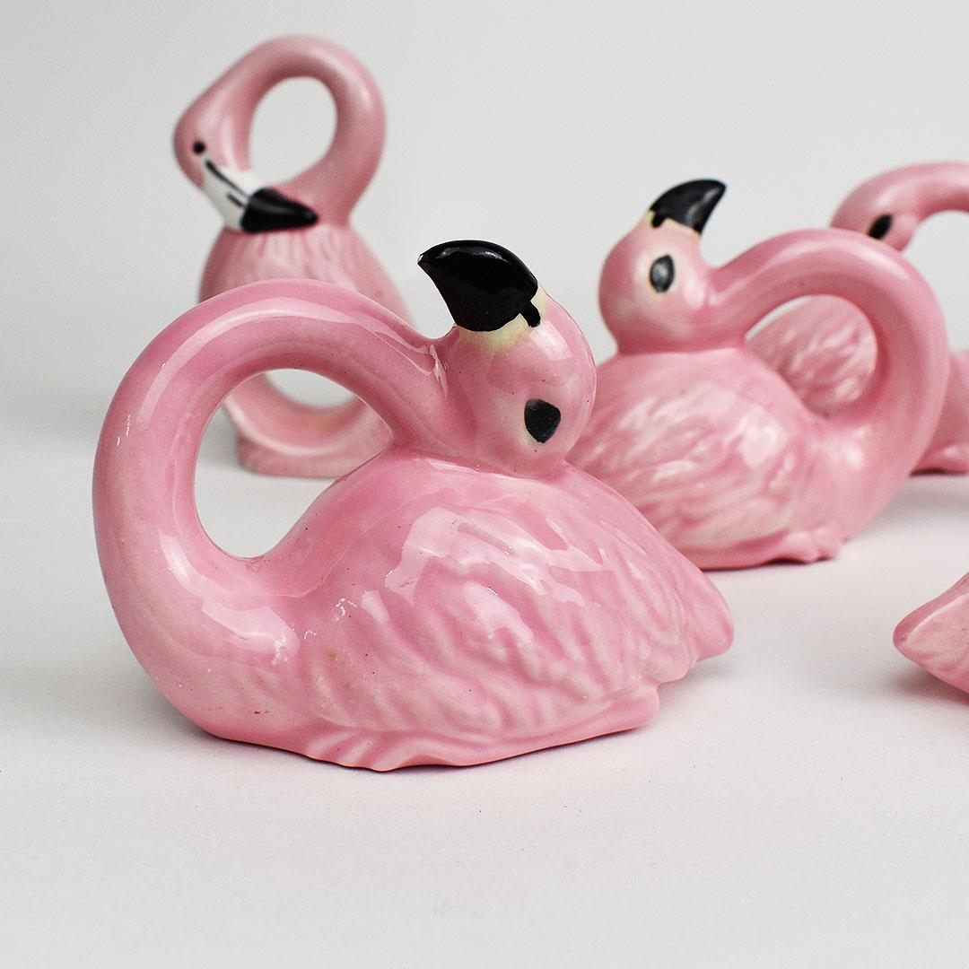 Glazed Hollywood Regency Pink Ceramic Flamingo Napkin Rings, Set of 8