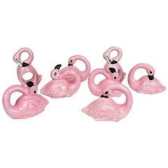 Vintage Hollywood Regency Pink Ceramic Flamingo Napkin Rings, Set of 8