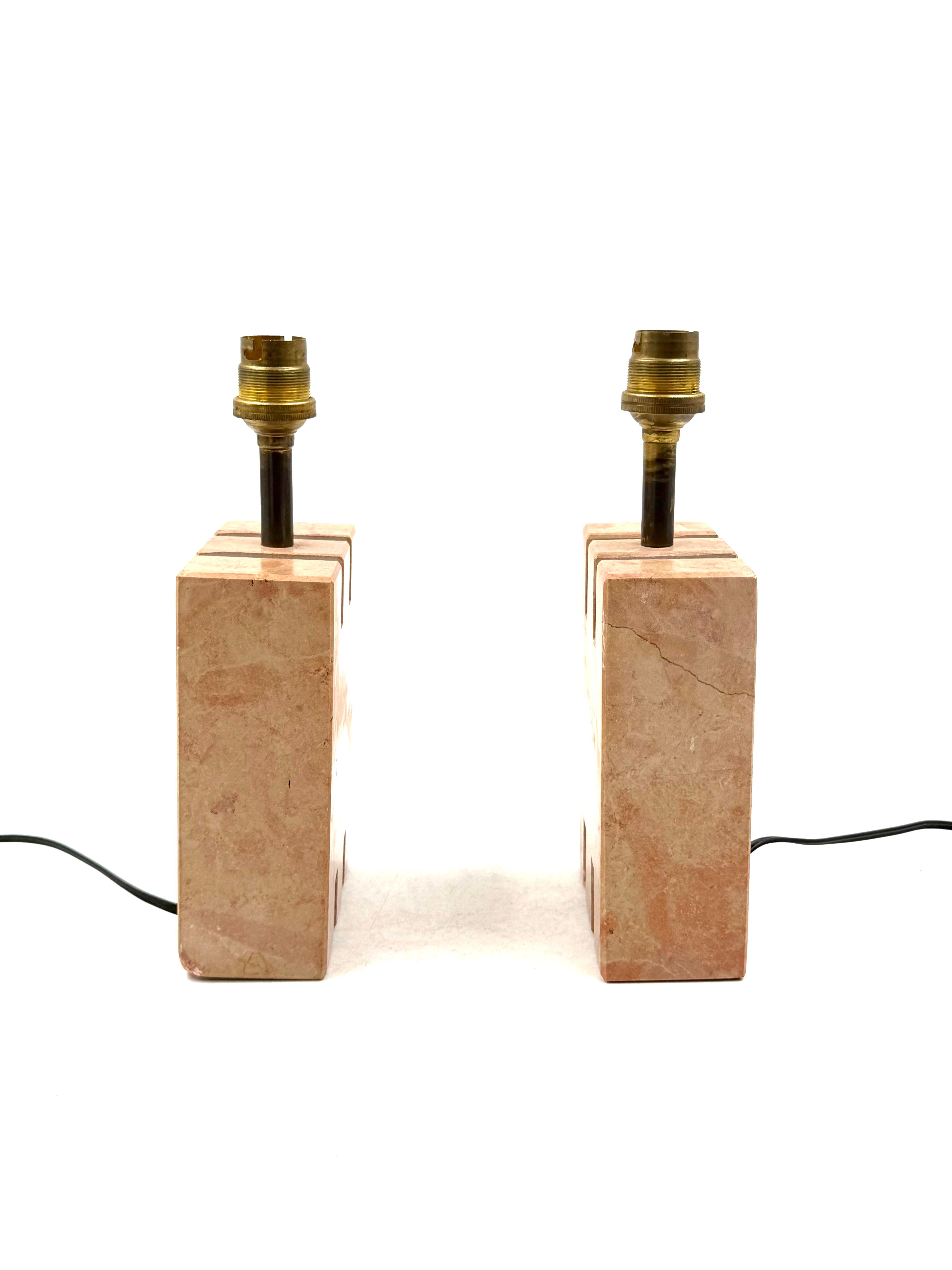Hollywood regency pink marble set of 2 table lamps, France 1970s en venta 3