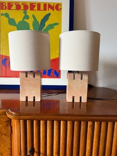 Hollywood regency pink marble set of 2 table lamps, France 1970s