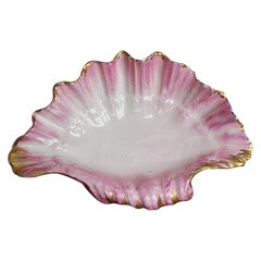 Vintage Hollywood Regency Pink Pearlized Ceramic Clam Shell Decorative Dish Catchall