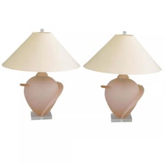 Hollywood Regency Pink Satin Frosted Glass Table Lamps w/ Lucite Base - a Pair