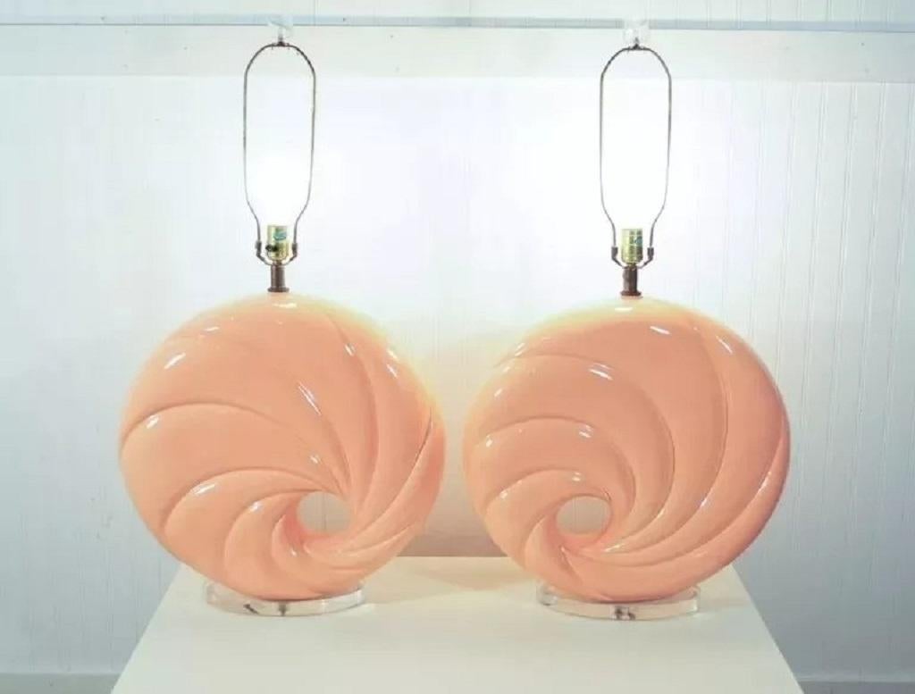 Unknown Hollywood Regency Pink Swirl Shell Form Ceramic Lucite Round Table Lamps - Pair For Sale