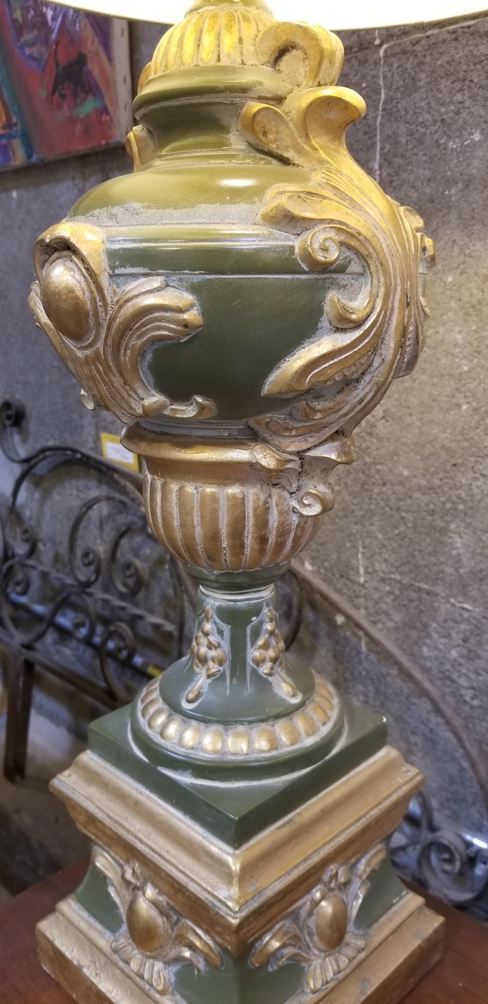 A cast and painted gold and green, glazed plaster table lamp by Light House Lamp & Shade Company, Los Angeles, California, circa. 1950s. Classic Hollywood Regency design, reminiscent of Serge Roche or James Mont. Excellent original condition with