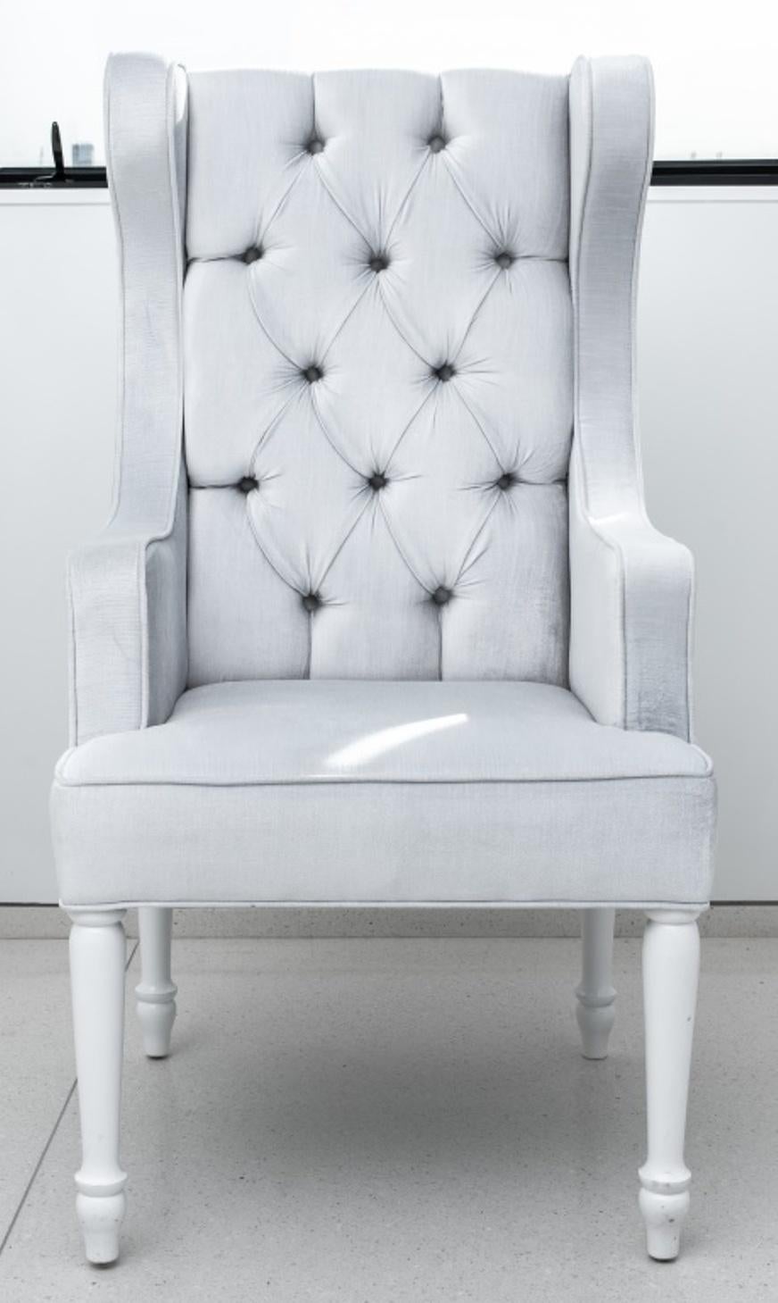 Hollywood Regency Platinum Velvet Wing Chairs, Pair For Sale 1