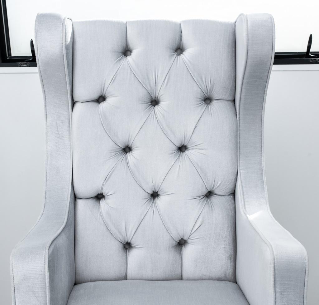 Hollywood Regency Platinum Velvet Wing Chairs, Pair For Sale 2