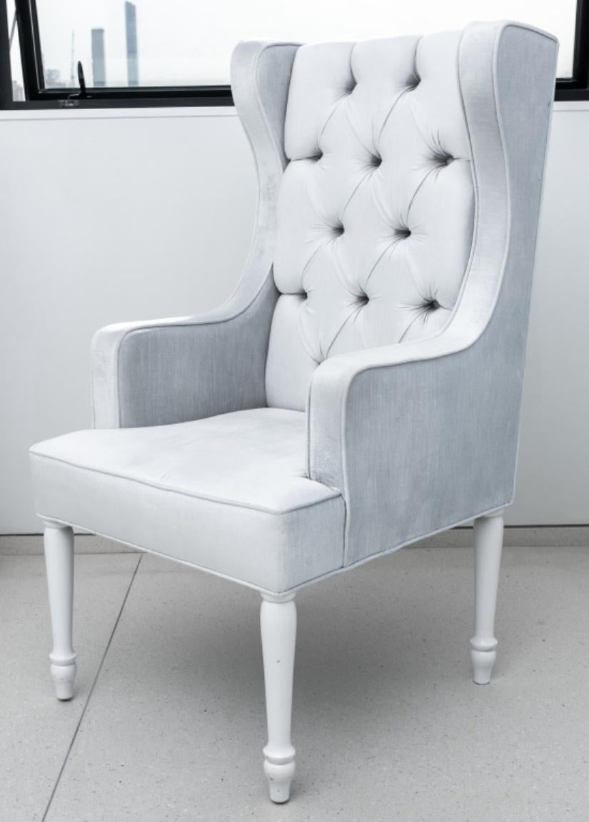 Hollywood Regency Platinum Velvet Wing Chairs, Pair For Sale 3