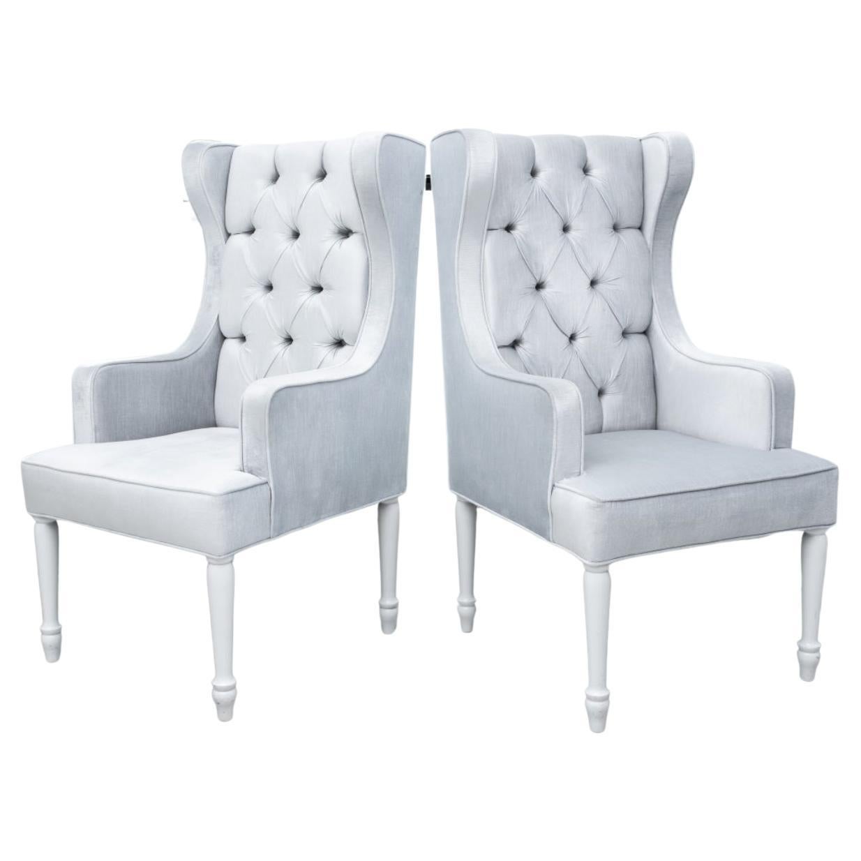 Hollywood Regency Platinum Velvet Wing Chairs, Pair For Sale