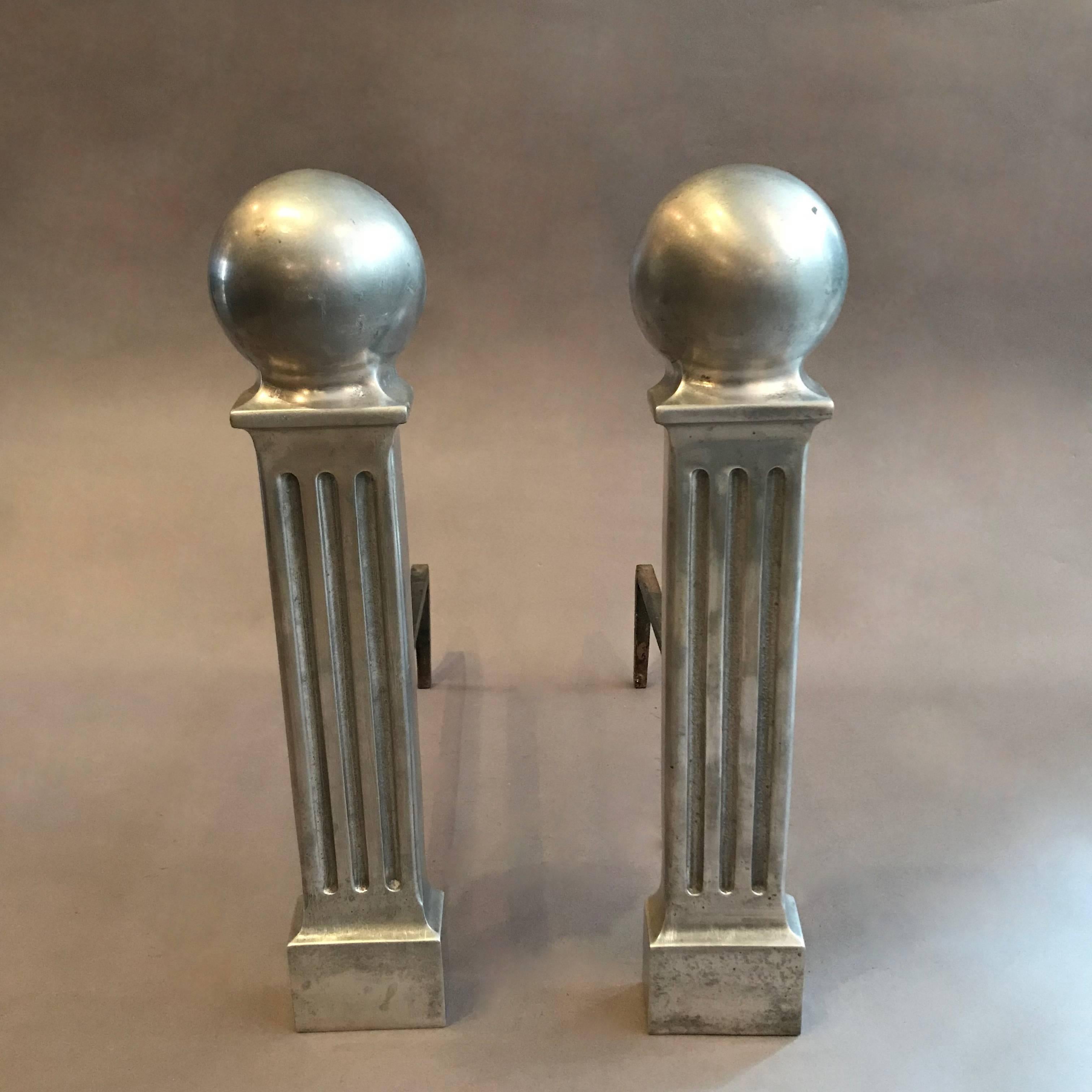 Hollywood Regency Polished Aluminum Column Andirons In Good Condition In Brooklyn, NY