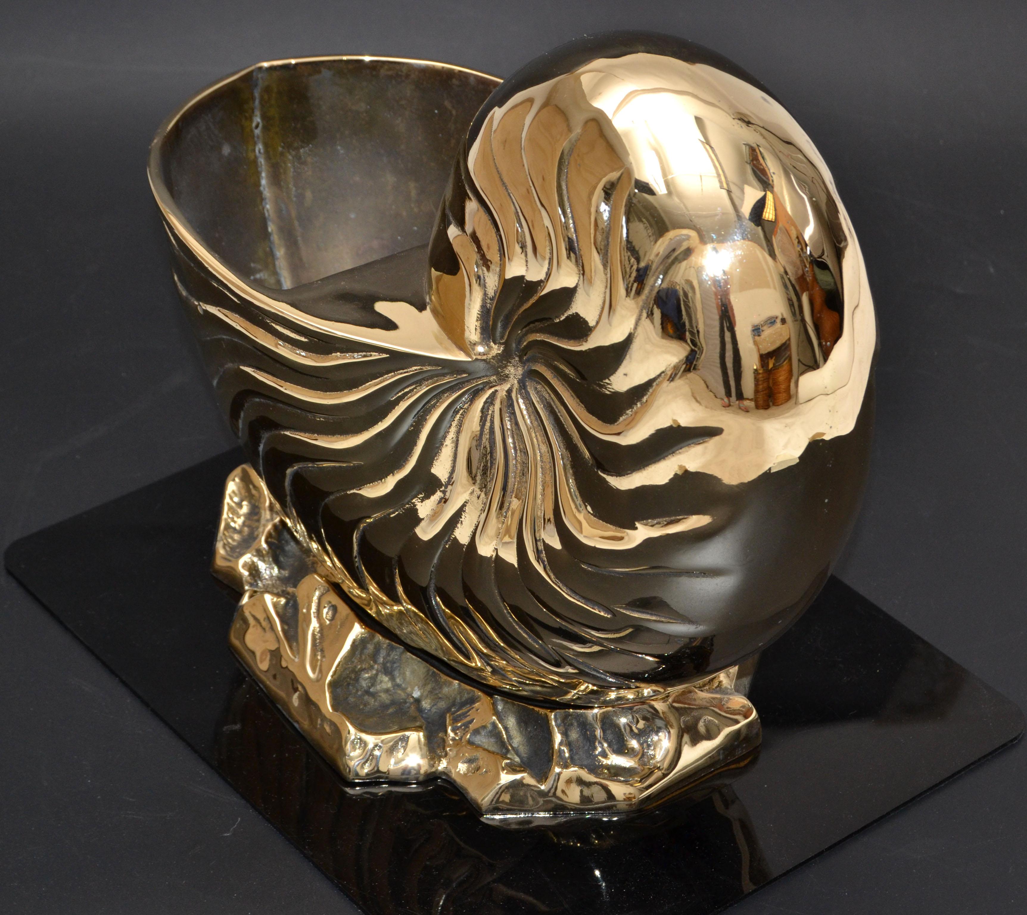 American Hollywood Regency Polished Bronze Nautical Seashell Footed Planter