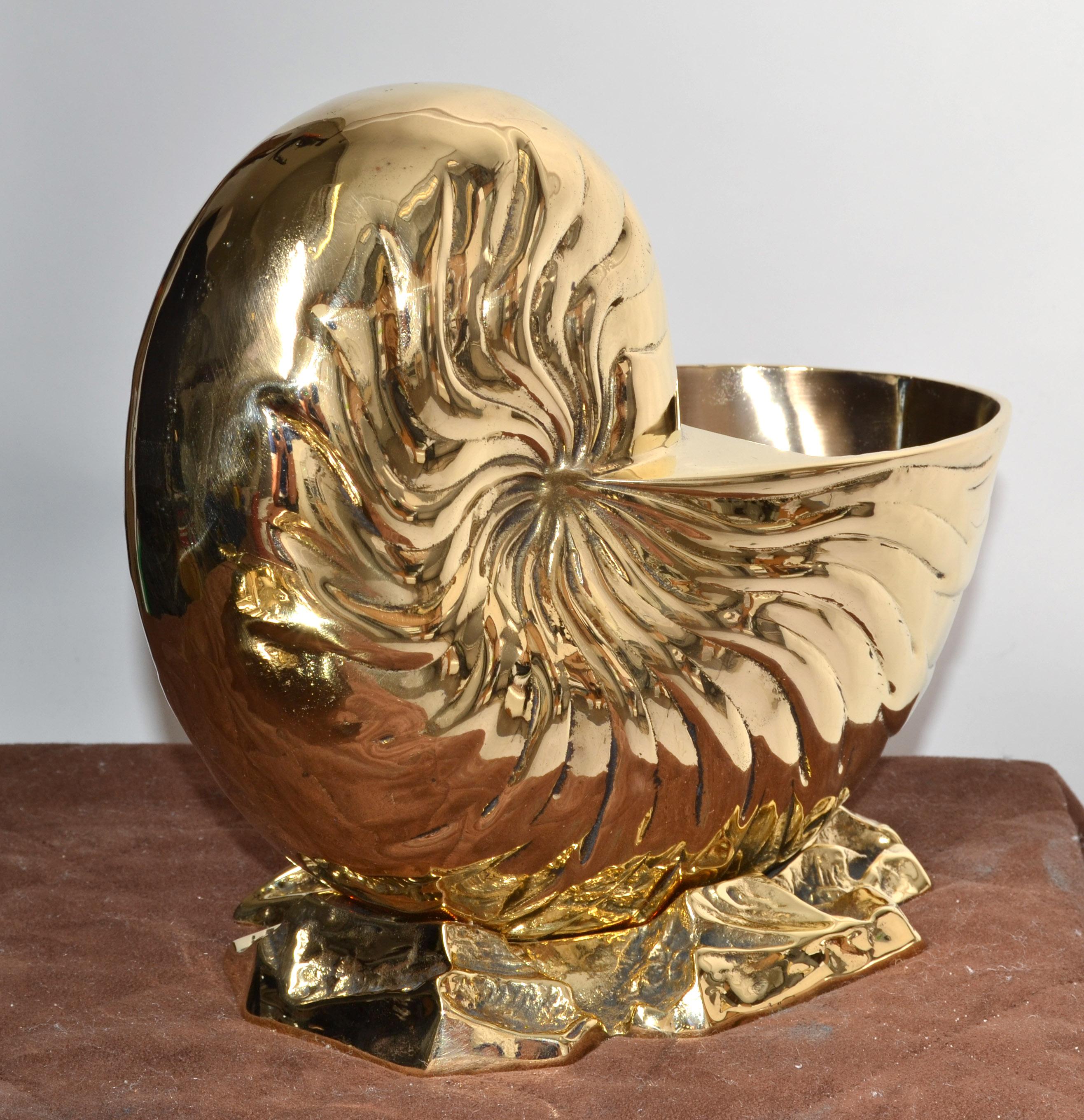 American Hollywood Regency Polished Bronze Nautilus Seashell Footed Planter Nautical Art For Sale