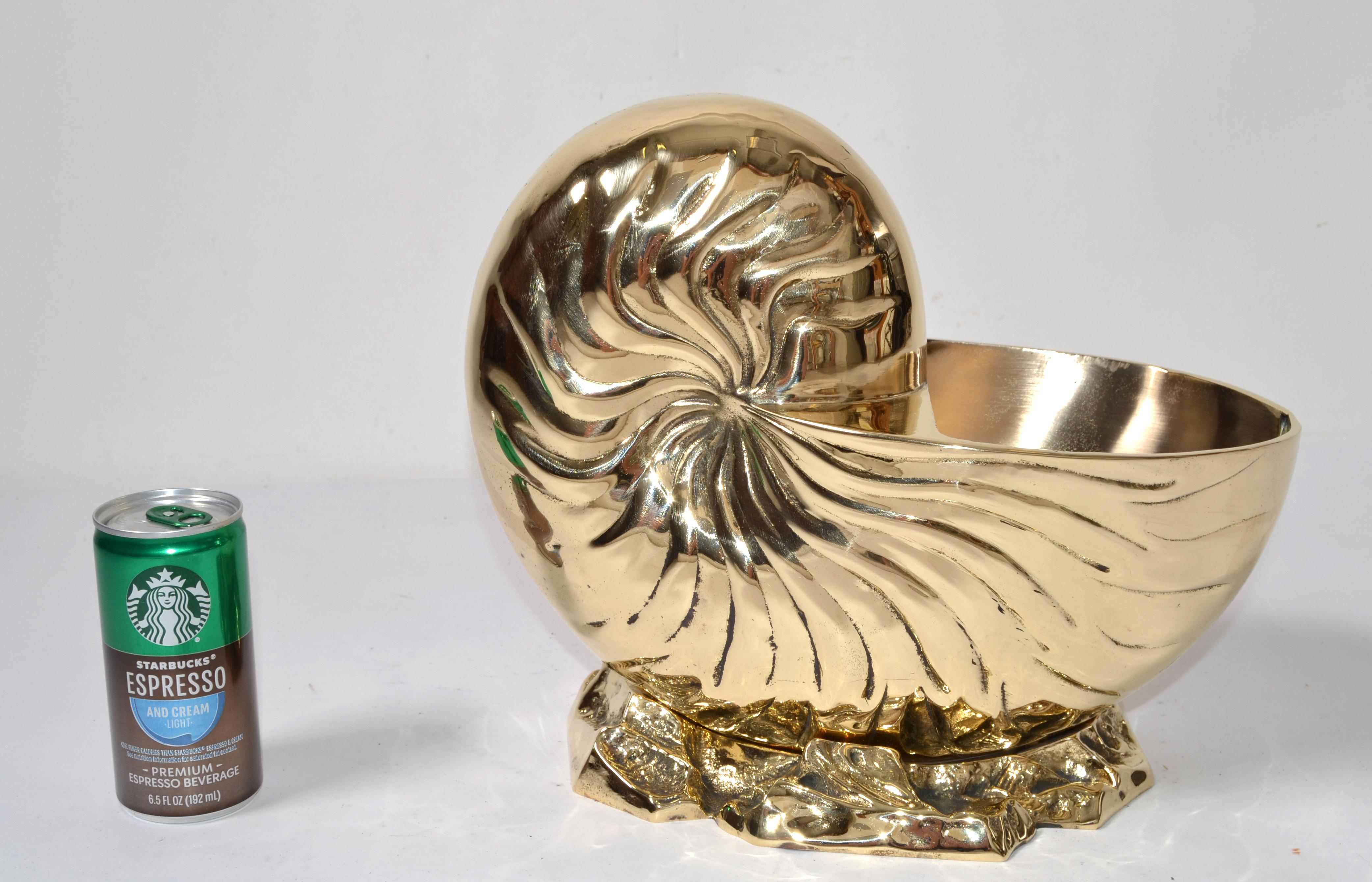 Hollywood Regency Polished Bronze Nautilus Seashell Footed Planter Nautical Art For Sale 1