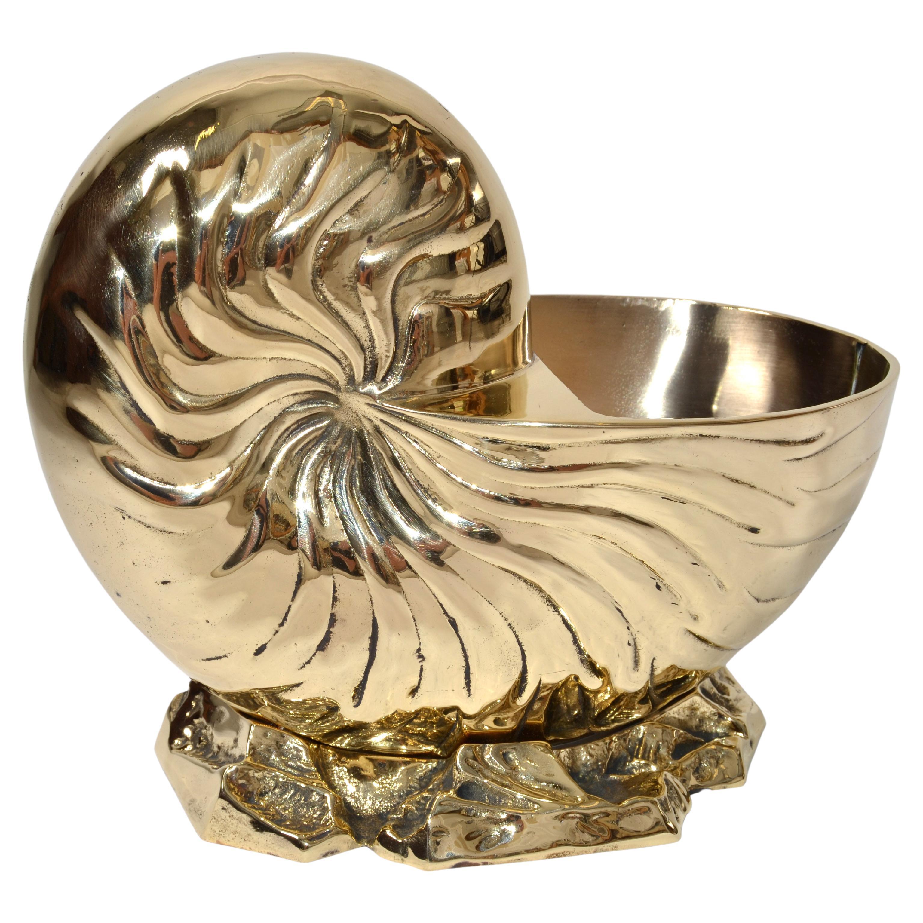 Hollywood Regency Polished Bronze Nautilus Seashell Footed Planter Nautical Art For Sale
