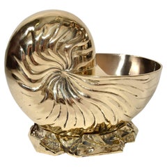 Used Hollywood Regency Polished Bronze Nautilus Seashell Footed Planter Nautical Art