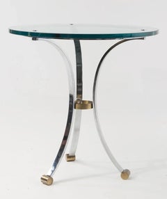 Hollywood Regency Polished Chrome Brass Glass Round Side Table Attributed