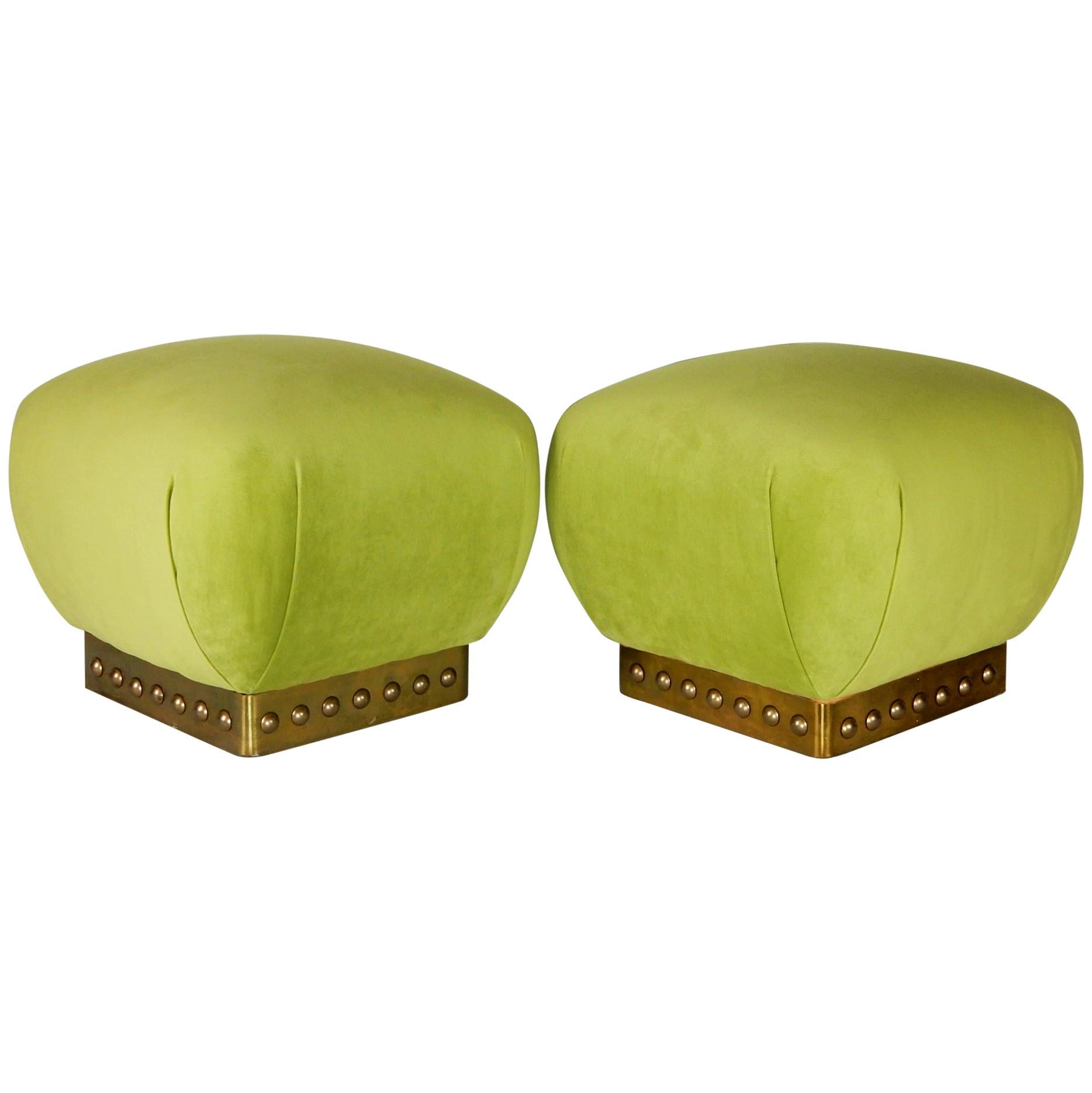Mid-Century Modern Pouf Ottomans Brass Nailhead Banded in Green Velvet