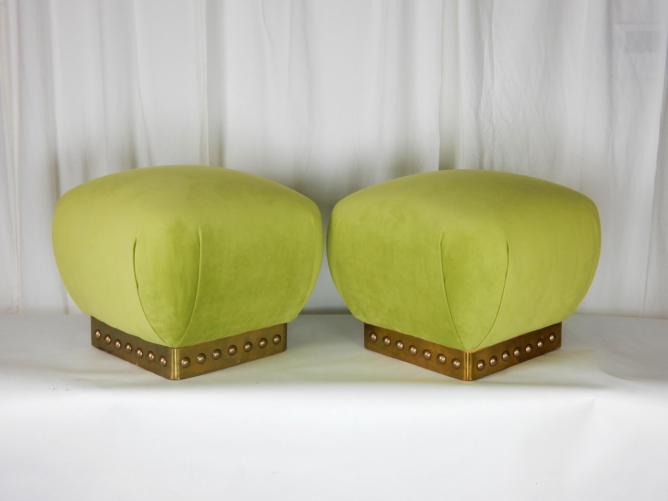 Pouf Ottomans Brass Nailhead Banded in Green Velvet In Good Condition In Las Vegas, NV