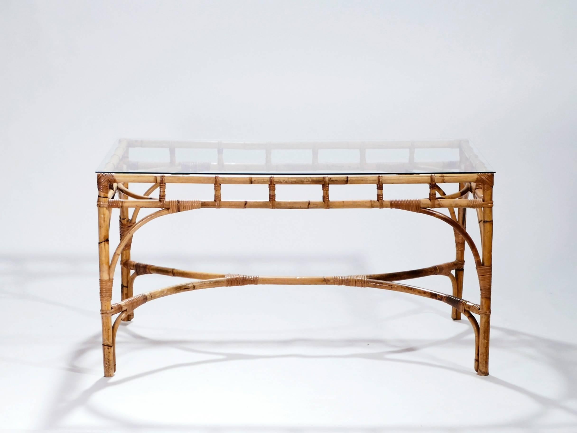 French Hollywood Regency Rattan and Bamboo Table or Desk, 1970s