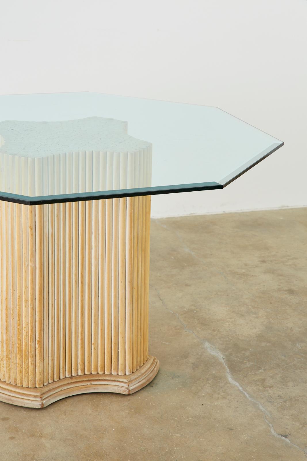 Hollywood Regency Rattan Glass Top Pedestal Dining Table 1