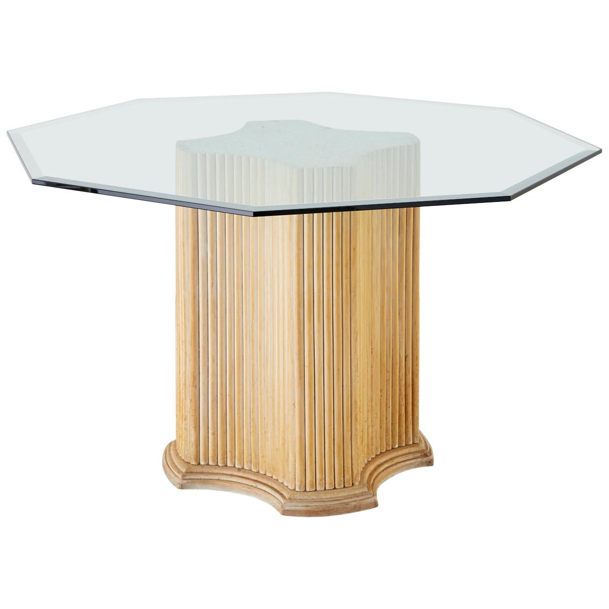 Hollywood Regency Rattan Glass Top Pedestal Dining Table