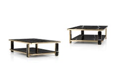 Architectural Two-Tier Coffee Table in Black Marble with Black Metal Frame