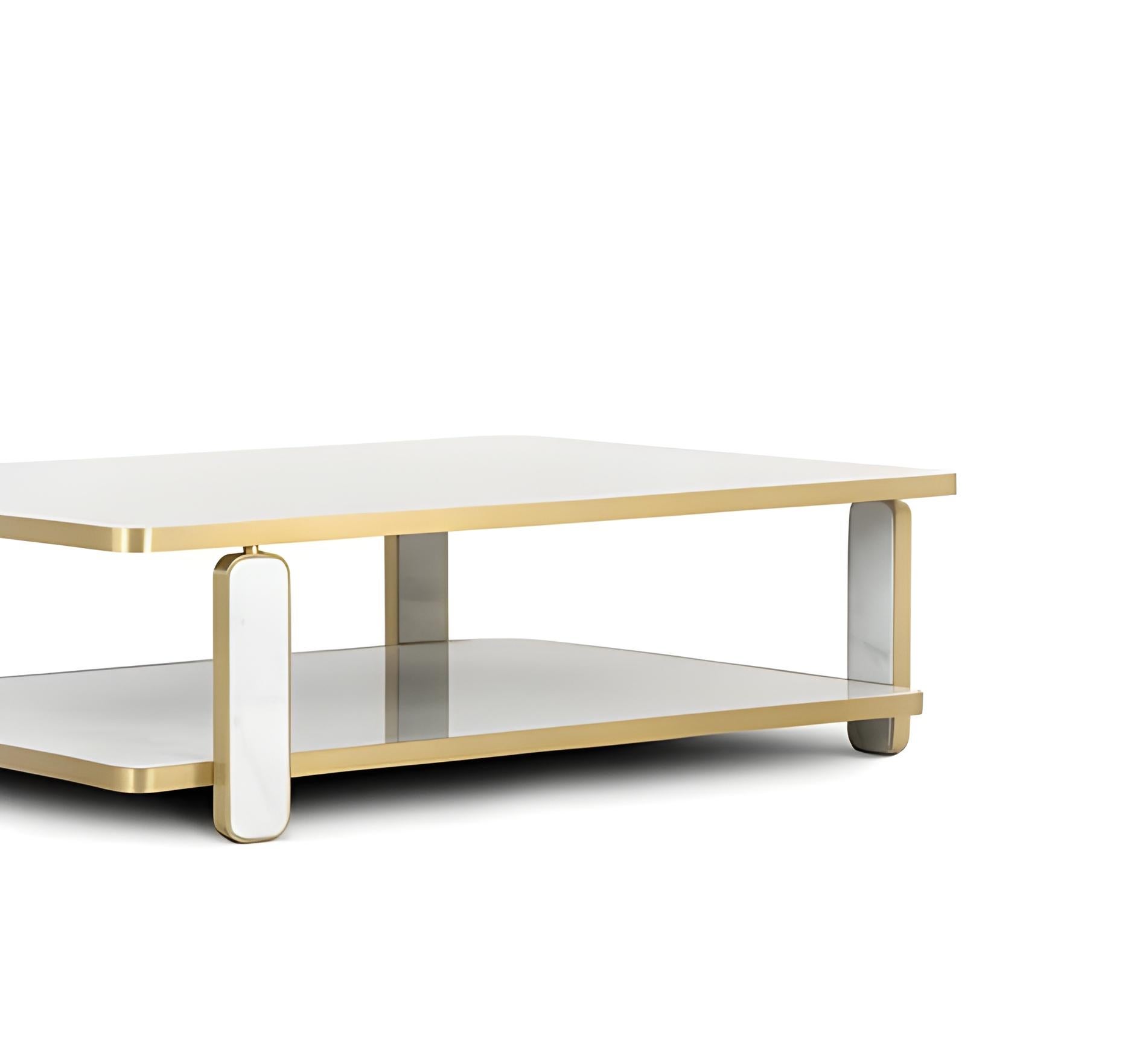 Portugais Hollywood Regency Rectangular Coffee Table In Brass and Marble By Jose De Castro en vente