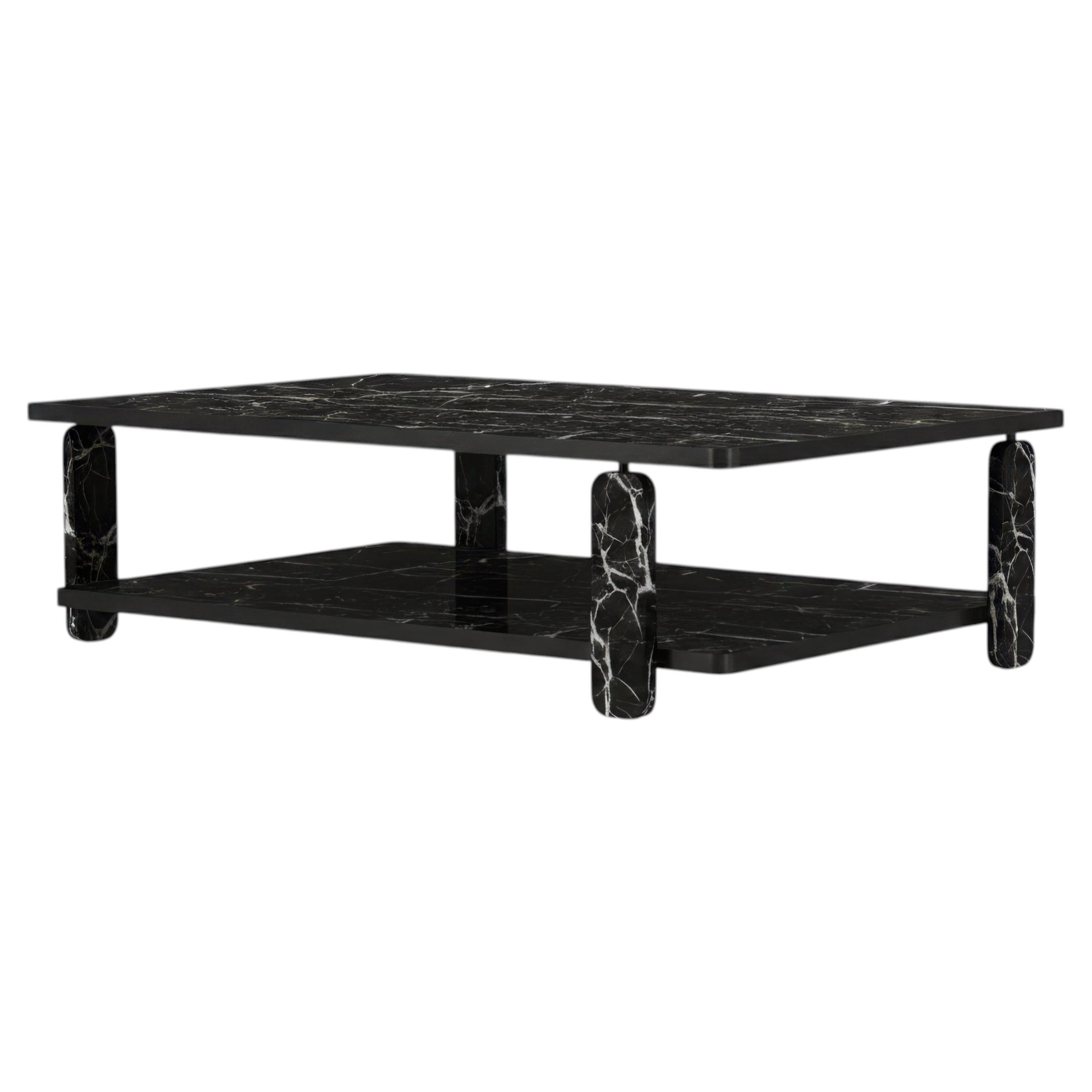 Architectural Two-Tier Coffee Table in Black Marble with Black Metal Frame