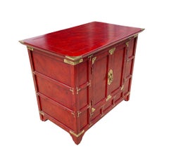Hollywood Regency Red & Brass Asian Chinoiserie Small Cabinet or End Table