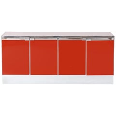 Hollywood Regency Red Lacquer and Chrome Credenza 