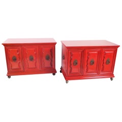 Hollywood Regency Red Lacquer Bedside Tables by Weiman