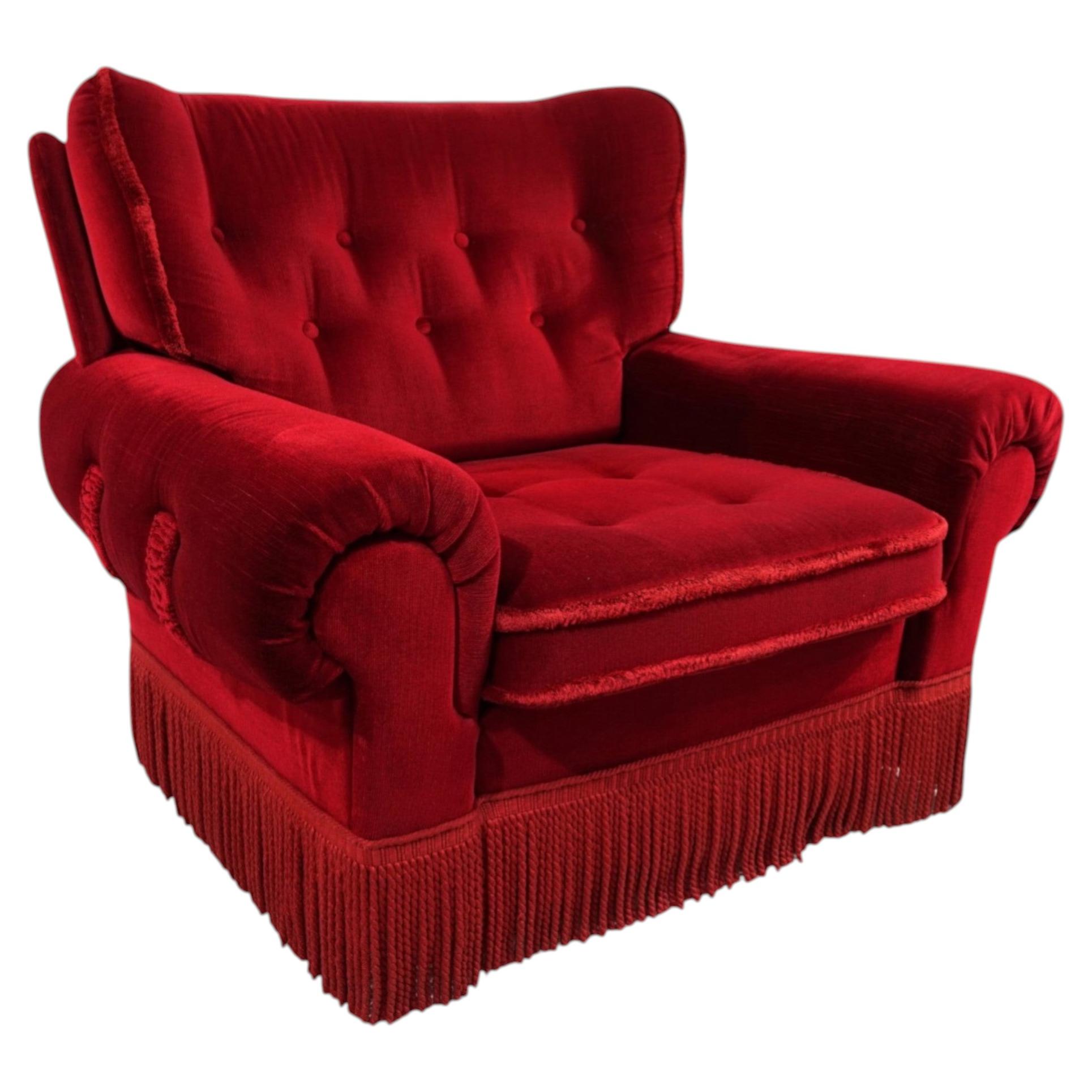 Vintage Deep Red Velvet Armchair, Hollywood Regency & Art Deco, 1940