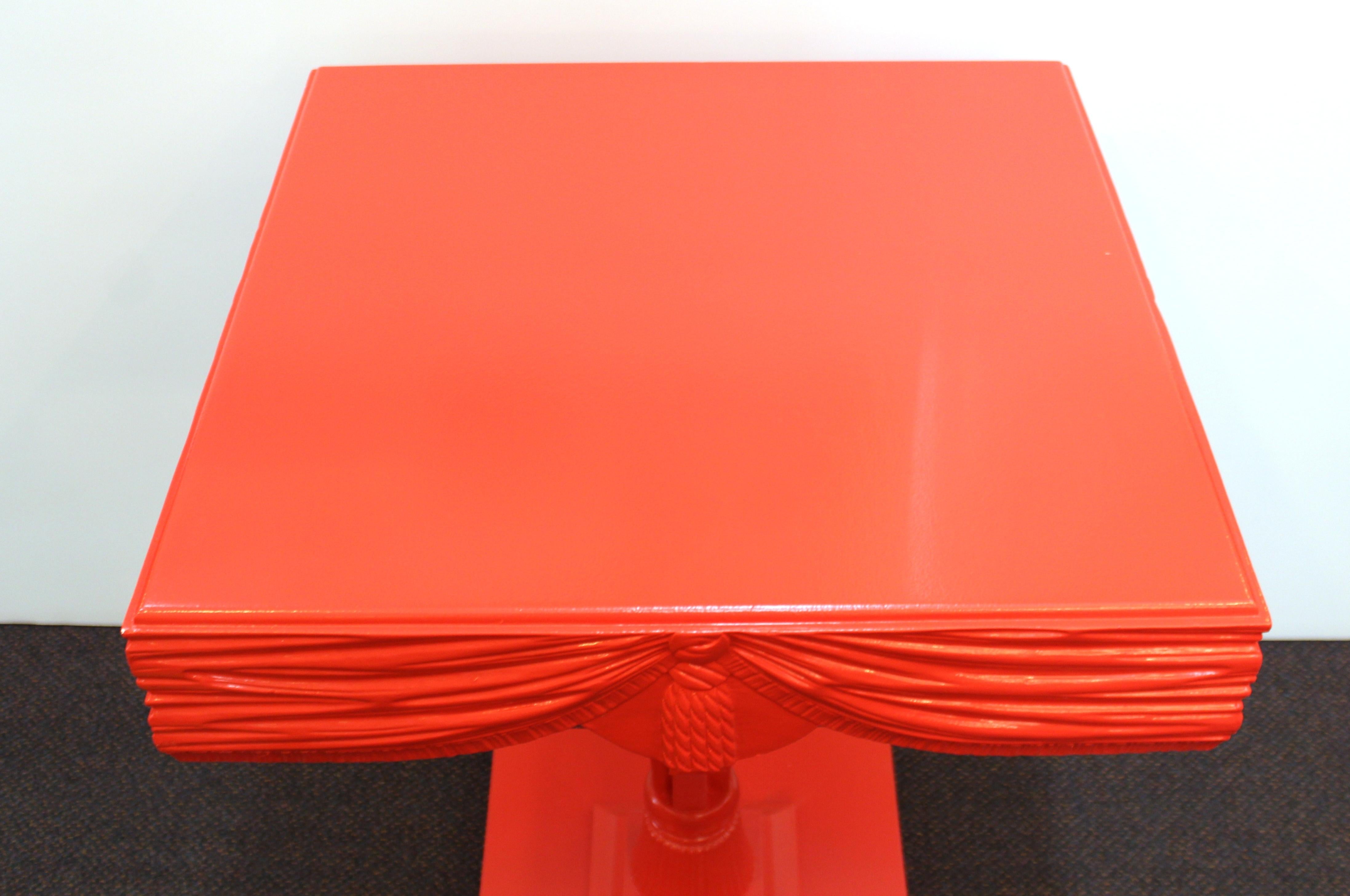 Hollywood Regency Red Side Tables with Sculpted Wood Drapery 3