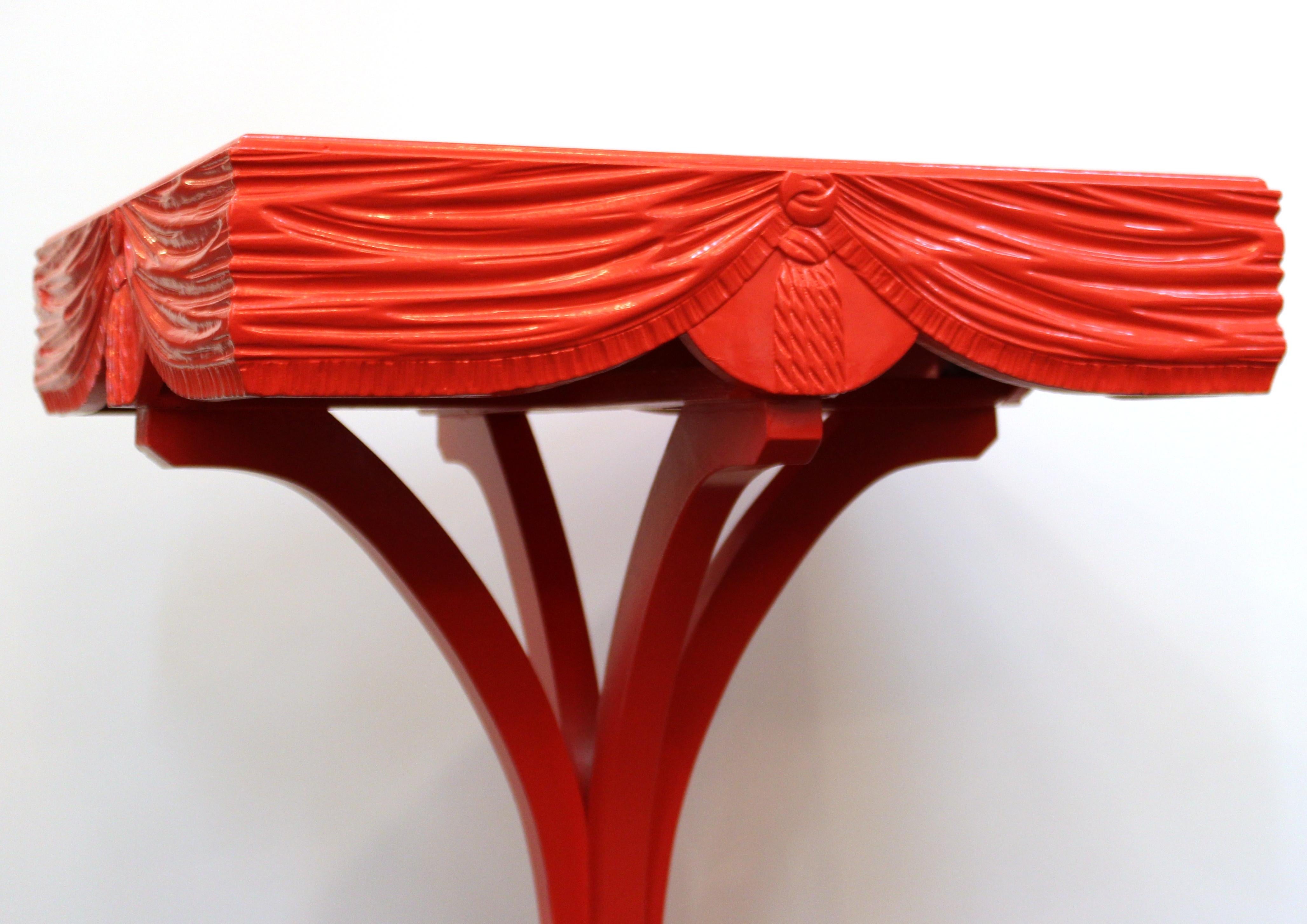 Hollywood Regency Red Side Tables with Sculpted Wood Drapery 5