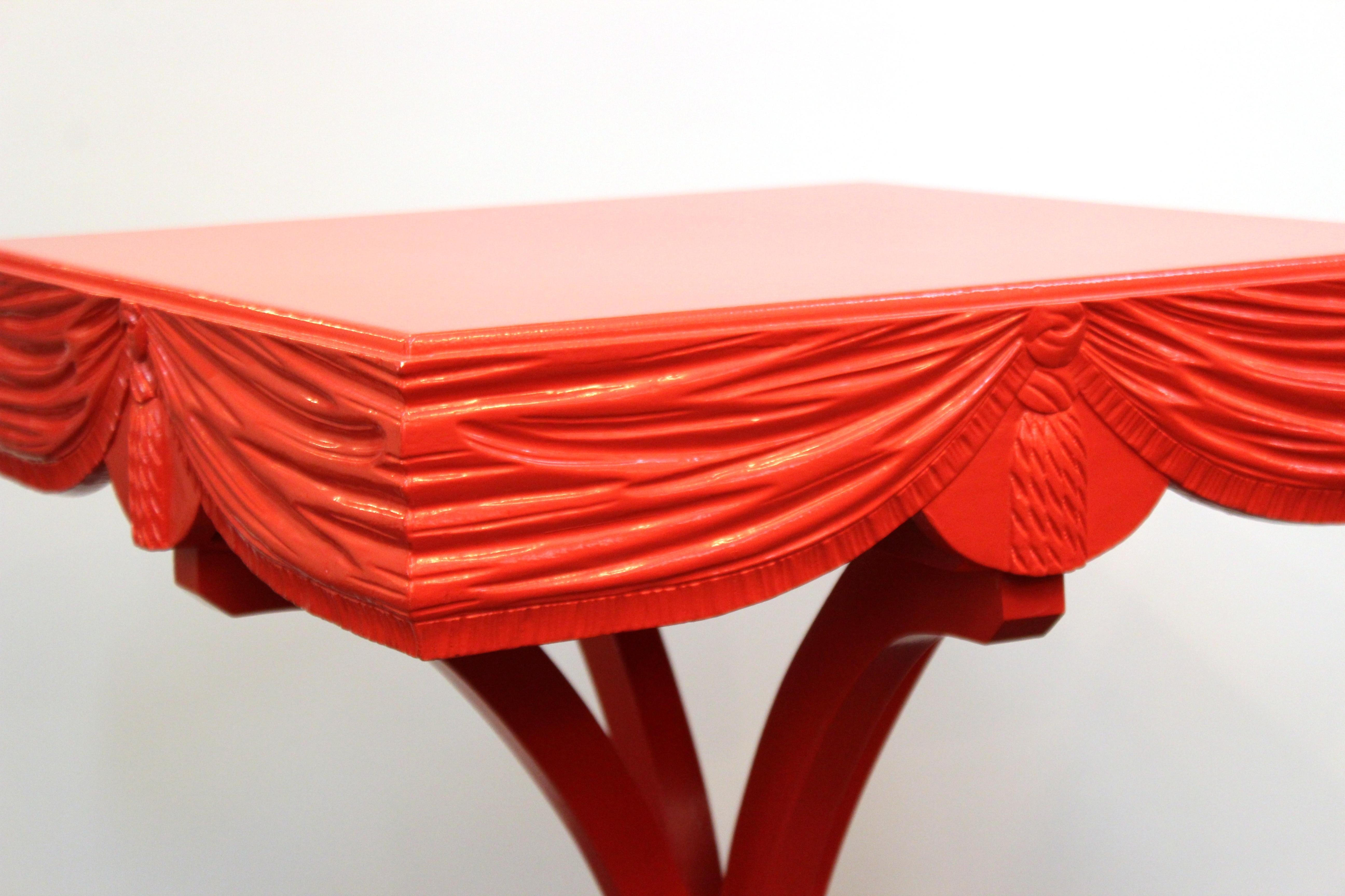 Hollywood Regency Red Side Tables with Sculpted Wood Drapery 7