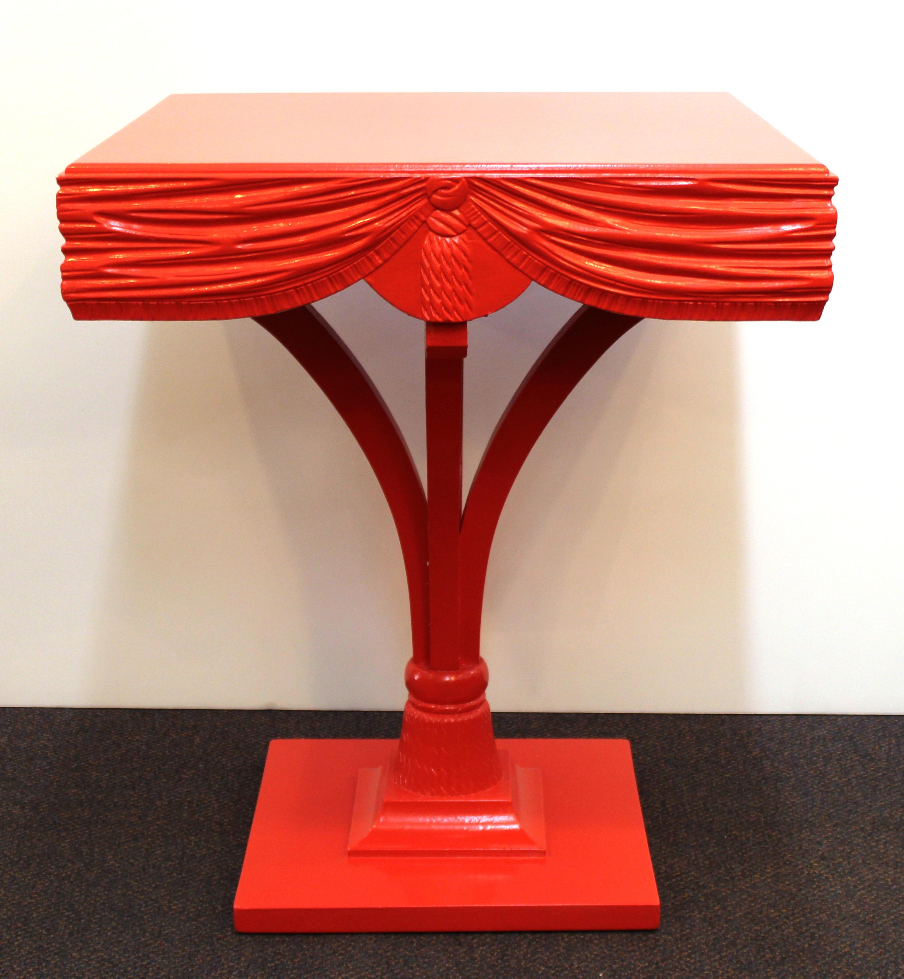 American Hollywood Regency Red Side Tables with Sculpted Wood Drapery